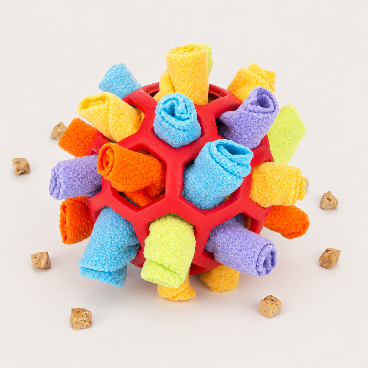 Soft fleece snuffle ball for hiding dog treats