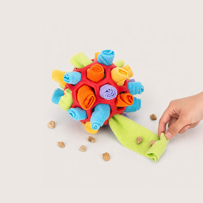 Snuffle ball with fleece folds for treats and kibble
