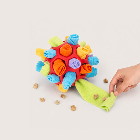 Snuffle ball with fleece folds for treats and kibble