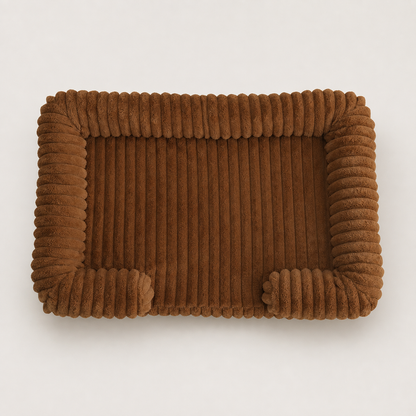 Coffee SoftHaven ribbed bolster dog bed with a soft cushioned sleeping area