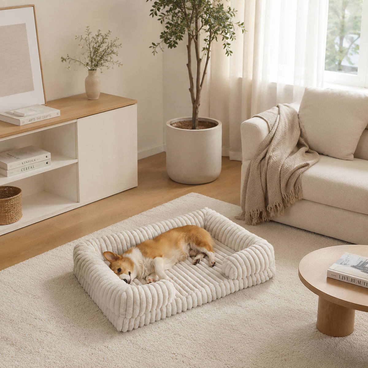 Dog resting in a SoftHaven ribbed bolster dog bed at home