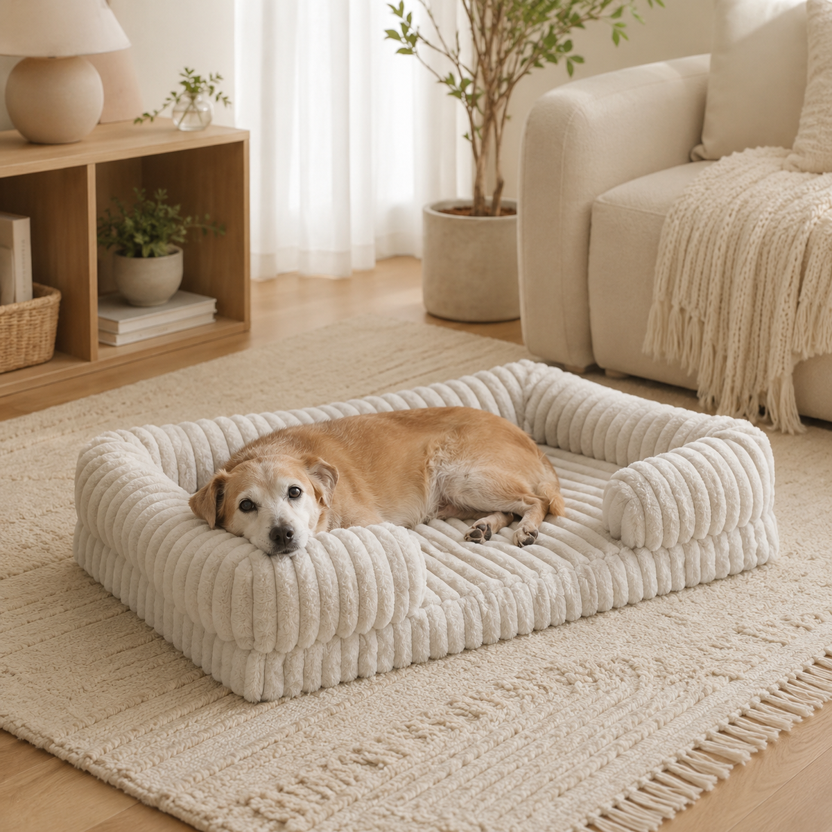 Dog relaxing in a SoftHaven ribbed bolster dog bed in a bright home setting