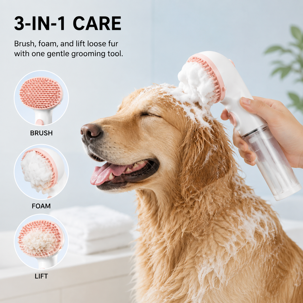 SoftMist pet grooming brush showing 3-in-1 brushing, fine mist, and loose-fur removal features