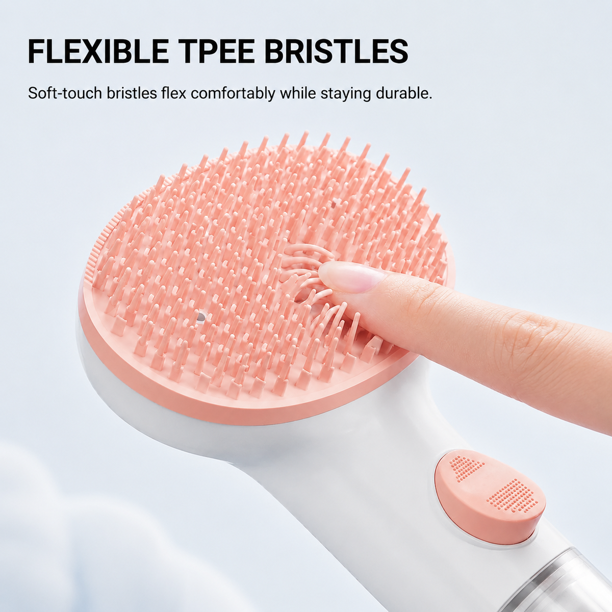 Close-up of SoftMist pet grooming brush with rounded bristle tips for gentler coat grooming