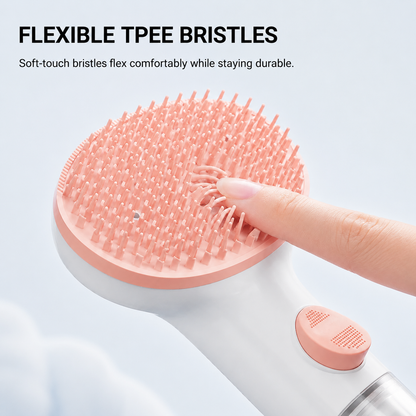 Close-up of SoftMist pet grooming brush with rounded bristle tips for gentler coat grooming