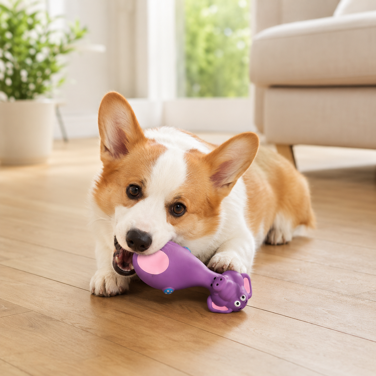 Dog playing with a Squeaky Friends latex squeaky toy during supervised play