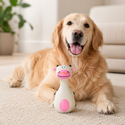 Four-pack of Squeaky Friends dog toys arranged in a natural home lifestyle scene