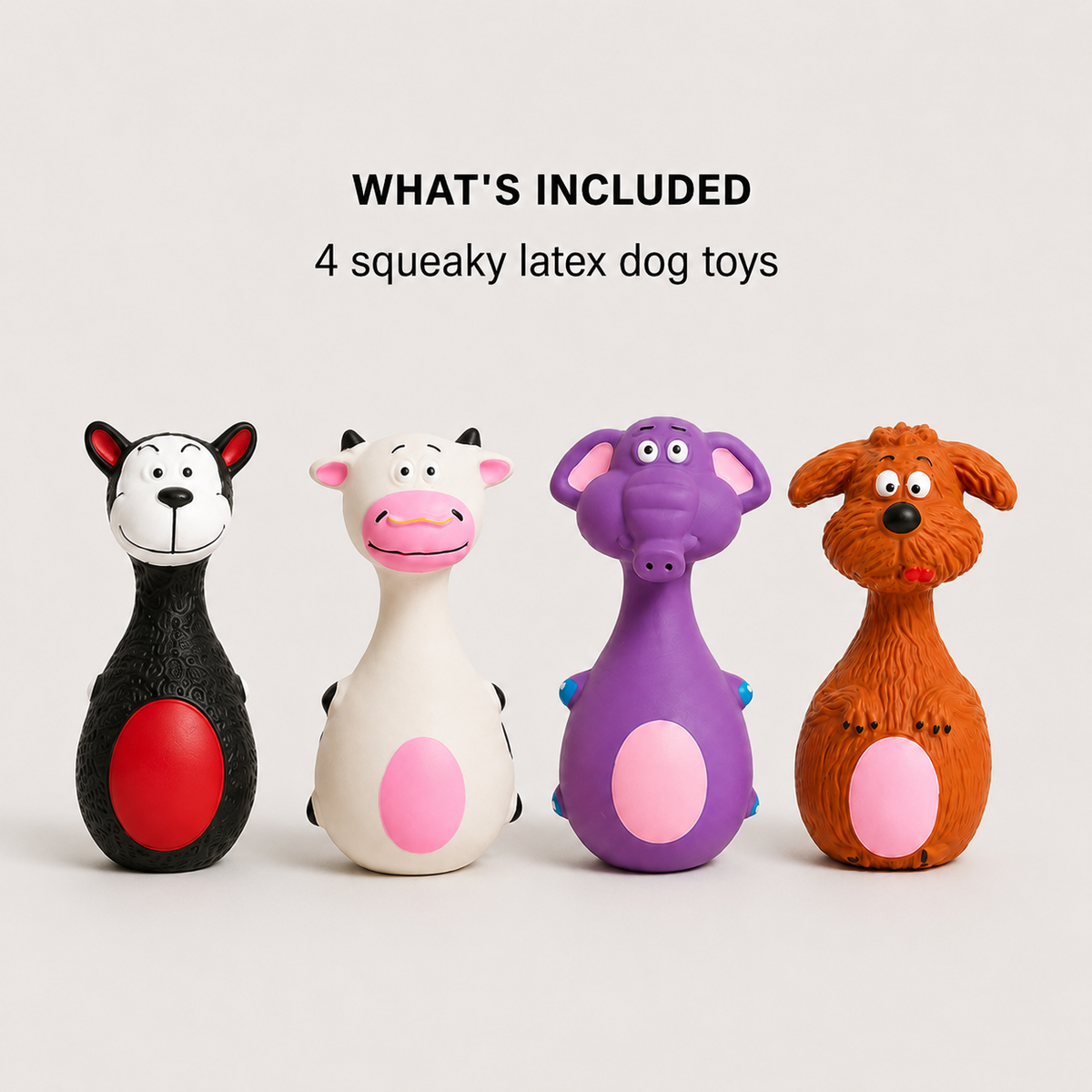 Four Squeaky Friends latex dog toys in colorful animal-shaped designs