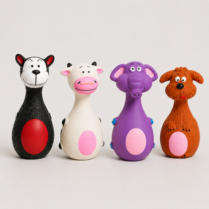 Squeaky Friends four-piece latex squeaky dog toy set for interactive chewing and play