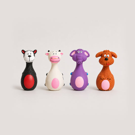 Squeaky Friends 4-pack latex dog toy set with colorful animal shapes and built-in squeakers