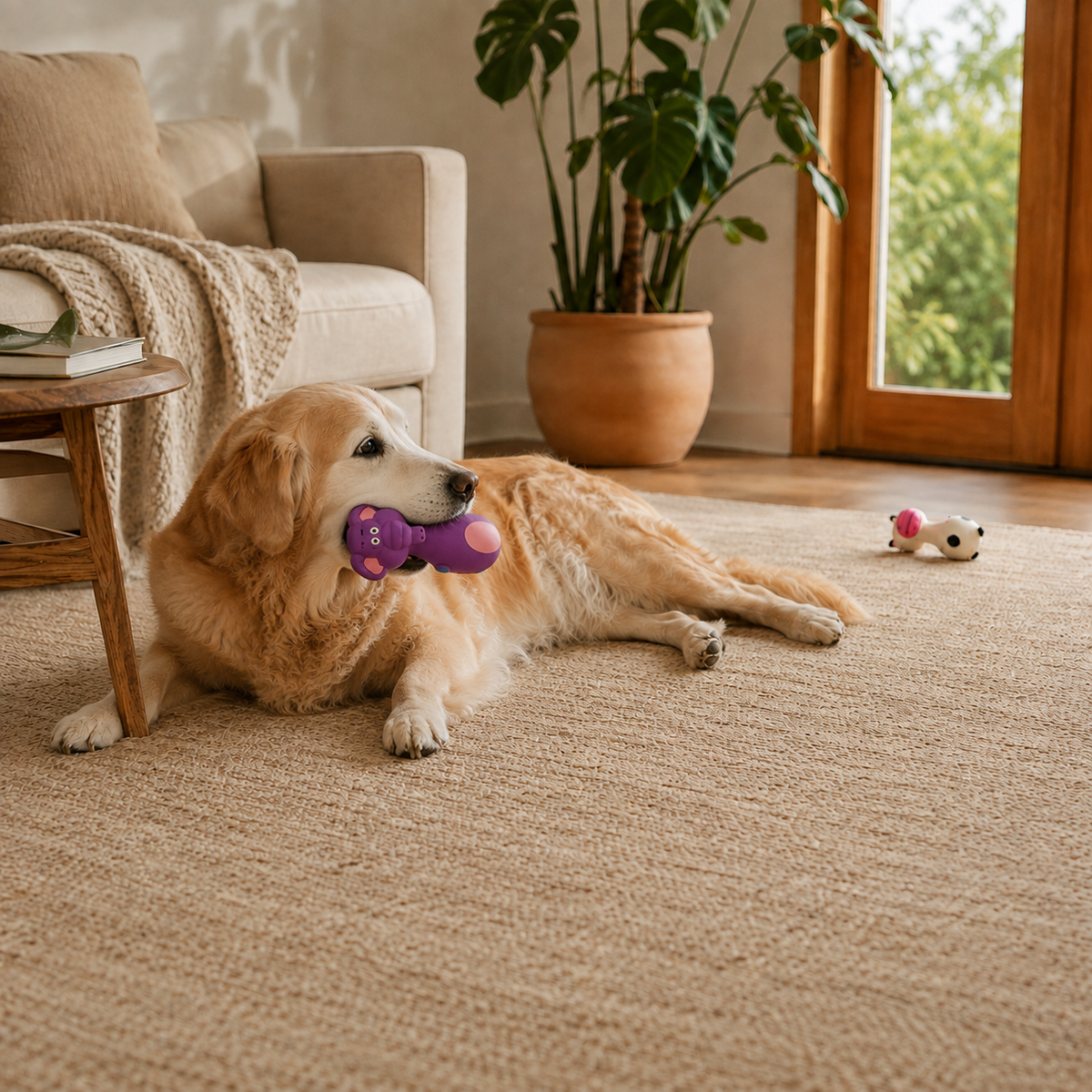 Squeaky Friends latex dog toy set shown in a casual home play setting
