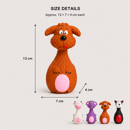 Squeaky Friends latex dog toy size guide showing approximate 13 by 7 by 4 cm dimensions