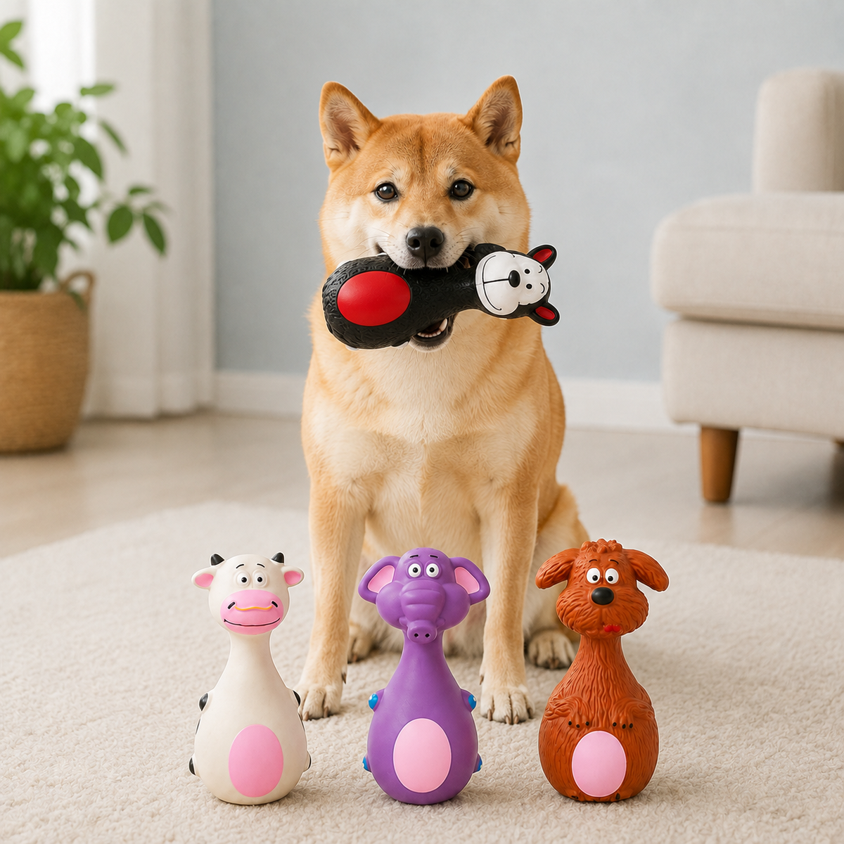 Squeaky Friends latex dog toys designed for interactive play and everyday enrichment