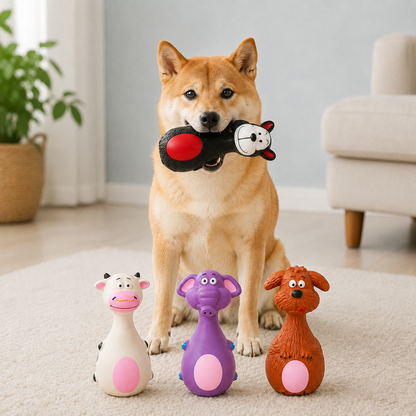 Squeaky Friends latex dog toys designed for interactive play and everyday enrichment