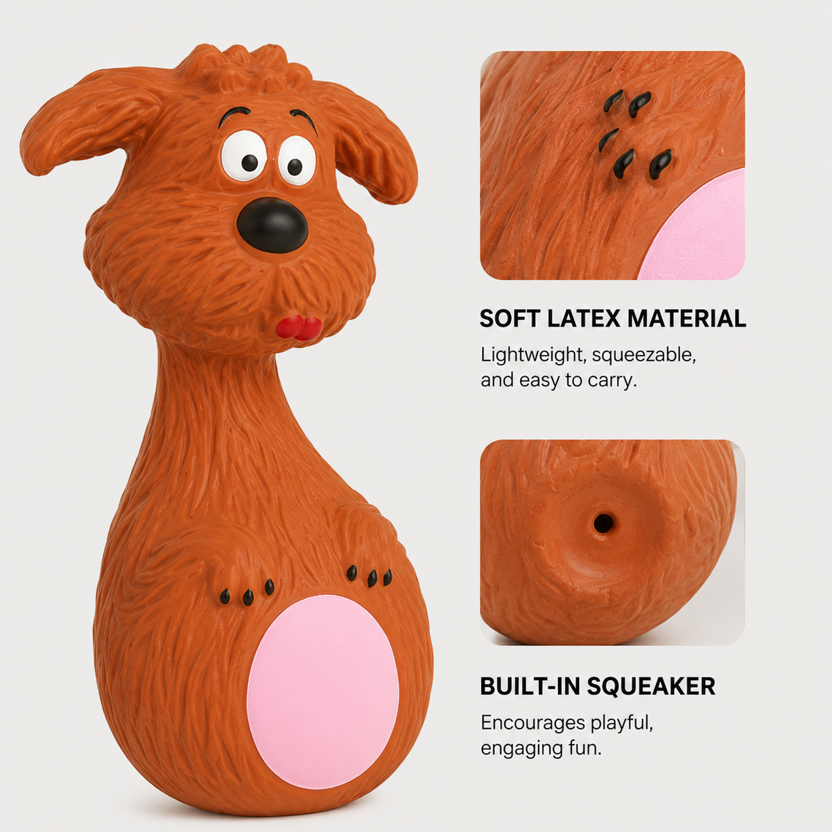 Close-up of the soft latex texture on Squeaky Friends dog chew toys