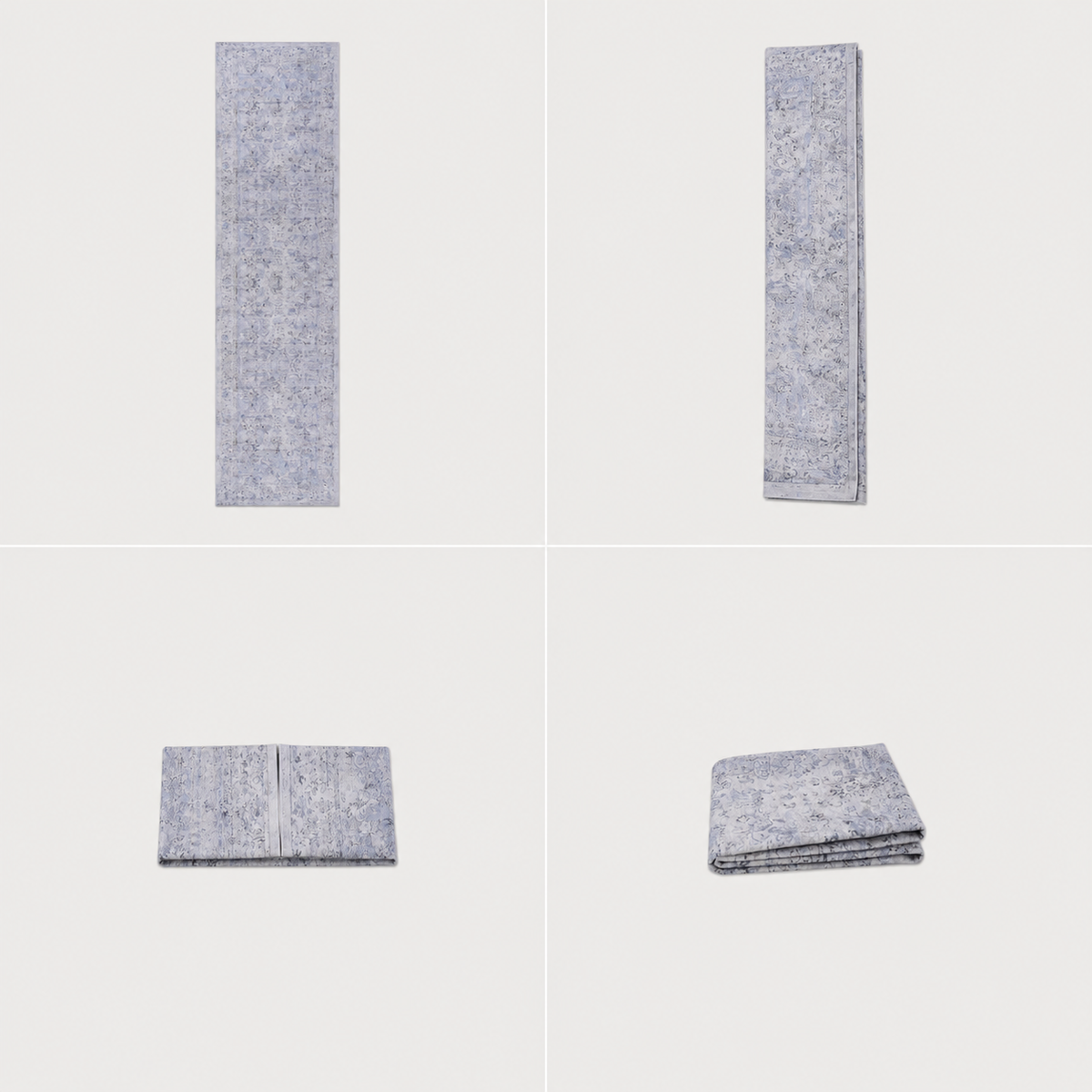 SteadyPath blue cream washable runner rug shown folded for compact storage