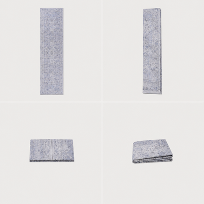 SteadyPath blue cream washable runner rug shown folded for compact storage