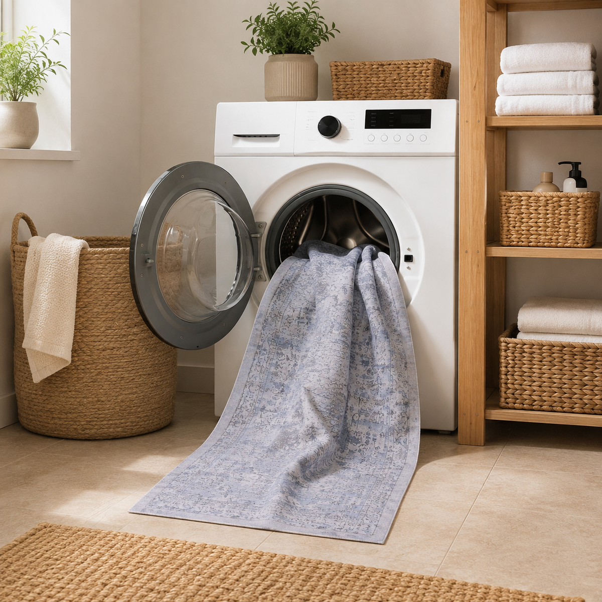SteadyPath blue cream runner rug shown with a washing machine for easy care
