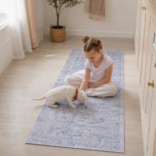 Pet-friendly SteadyPath blue cream runner rug in a warm home setting