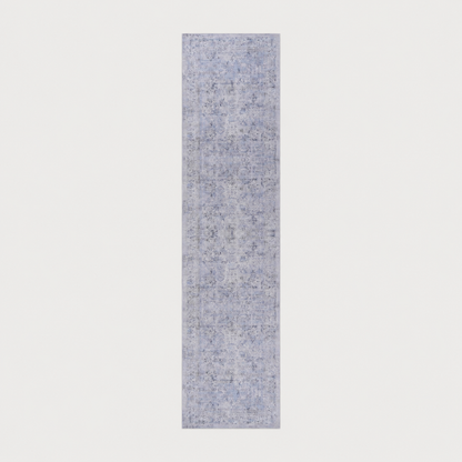SteadyPath washable blue cream runner rug on a soft neutral background