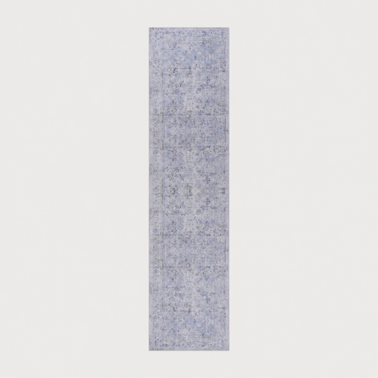 SteadyPath washable blue cream runner rug on a soft neutral background