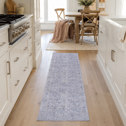 SteadyPath blue cream washable runner rug in a sunlit kitchen