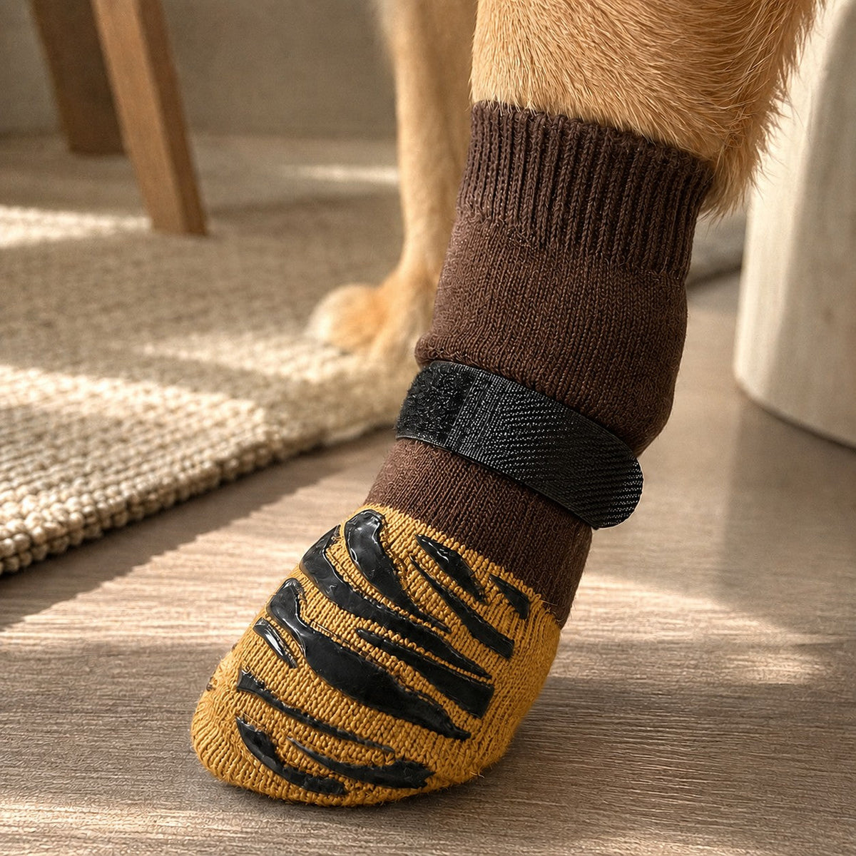 Close-up of SteadyPaw brown non-slip dog grip sock worn on a hardwood floor
