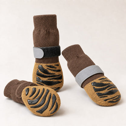 SteadyPaw brown and mustard non-slip dog grip socks set with adjustable straps