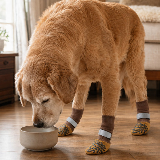 Senior golden retriever wearing SteadyPaw brown non-slip grip socks indoors on hardwood floor