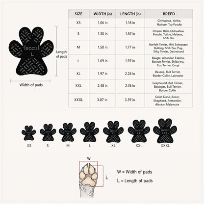 SteadyStep dog paw grips size guide with paw width and length measurements and breed examples from XS to XXXL
