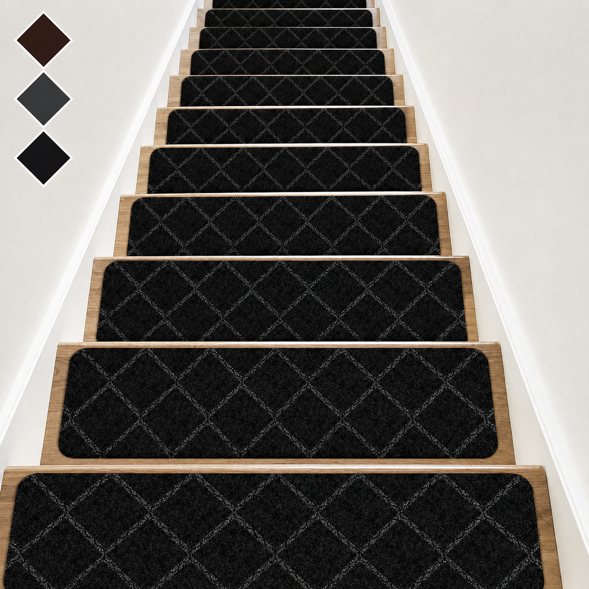 Black Rhombus SteadyStep non-slip stair treads on wooden stairs