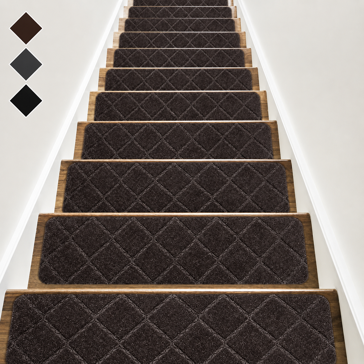 Brown Rhombus SteadyStep non-slip stair treads on wooden stairs