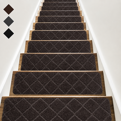 Brown Rhombus SteadyStep non-slip stair treads on wooden stairs