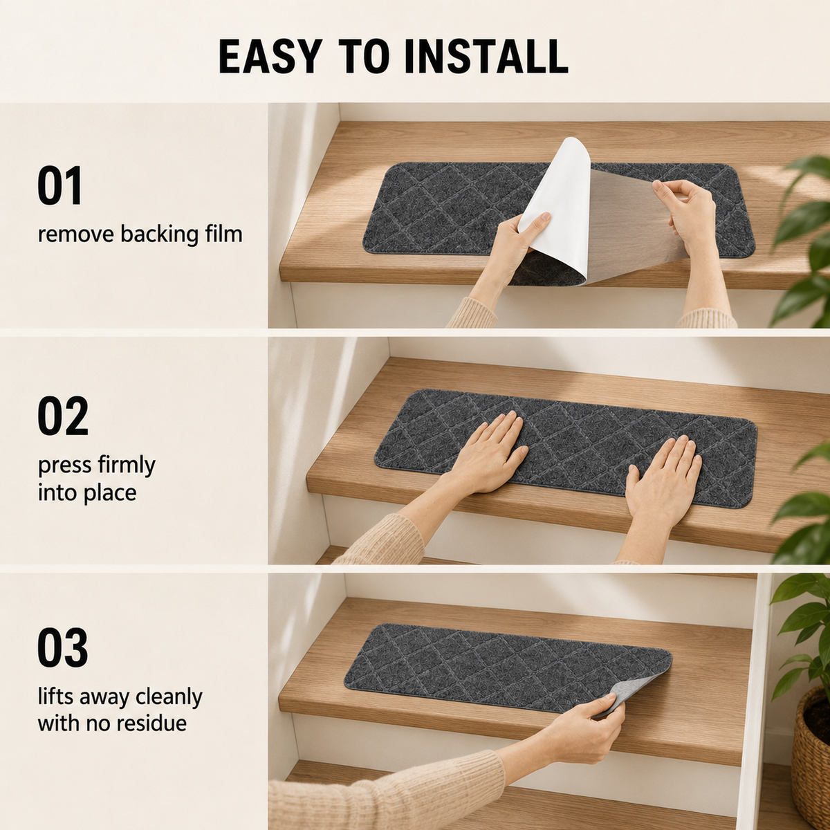 SteadyStep stair treads designed to add traction on smooth indoor stairs