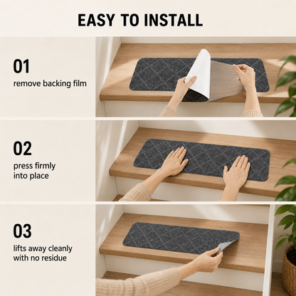 SteadyStep stair treads designed to add traction on smooth indoor stairs