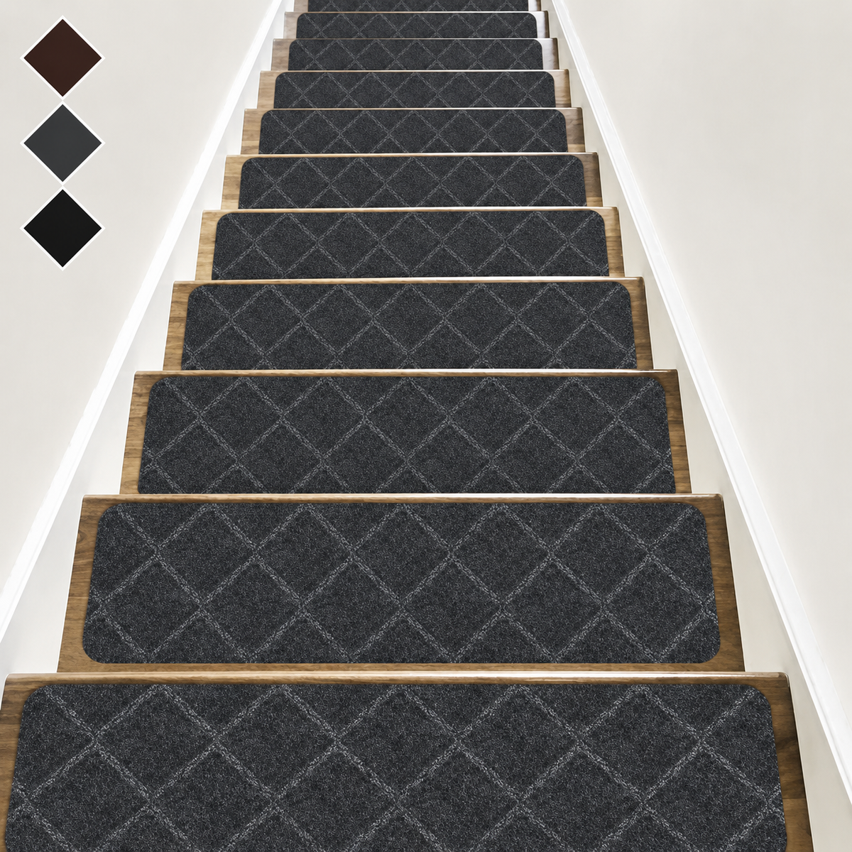 Gray Diamond SteadyStep non-slip stair treads on wooden stairs