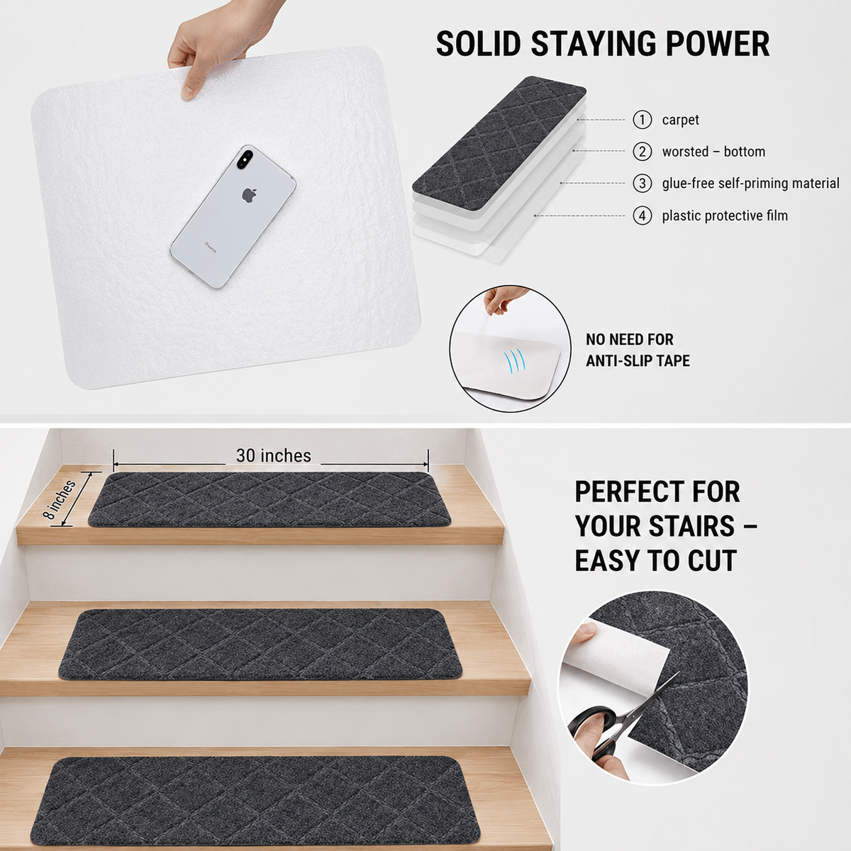 SteadyStep non-slip stair tread installation, backing and fit guide