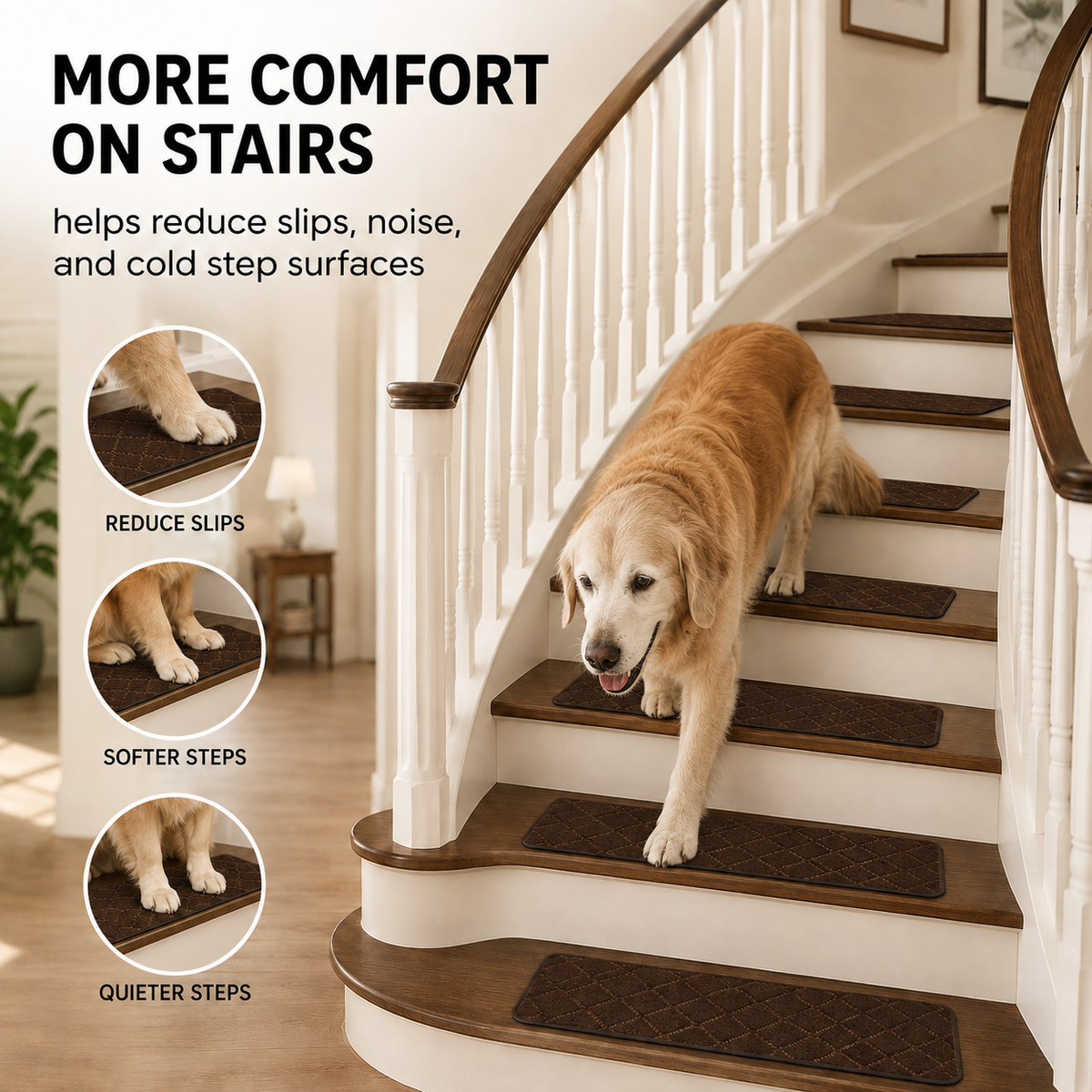 SteadyStep non-slip stair tread backing and layered construction detail