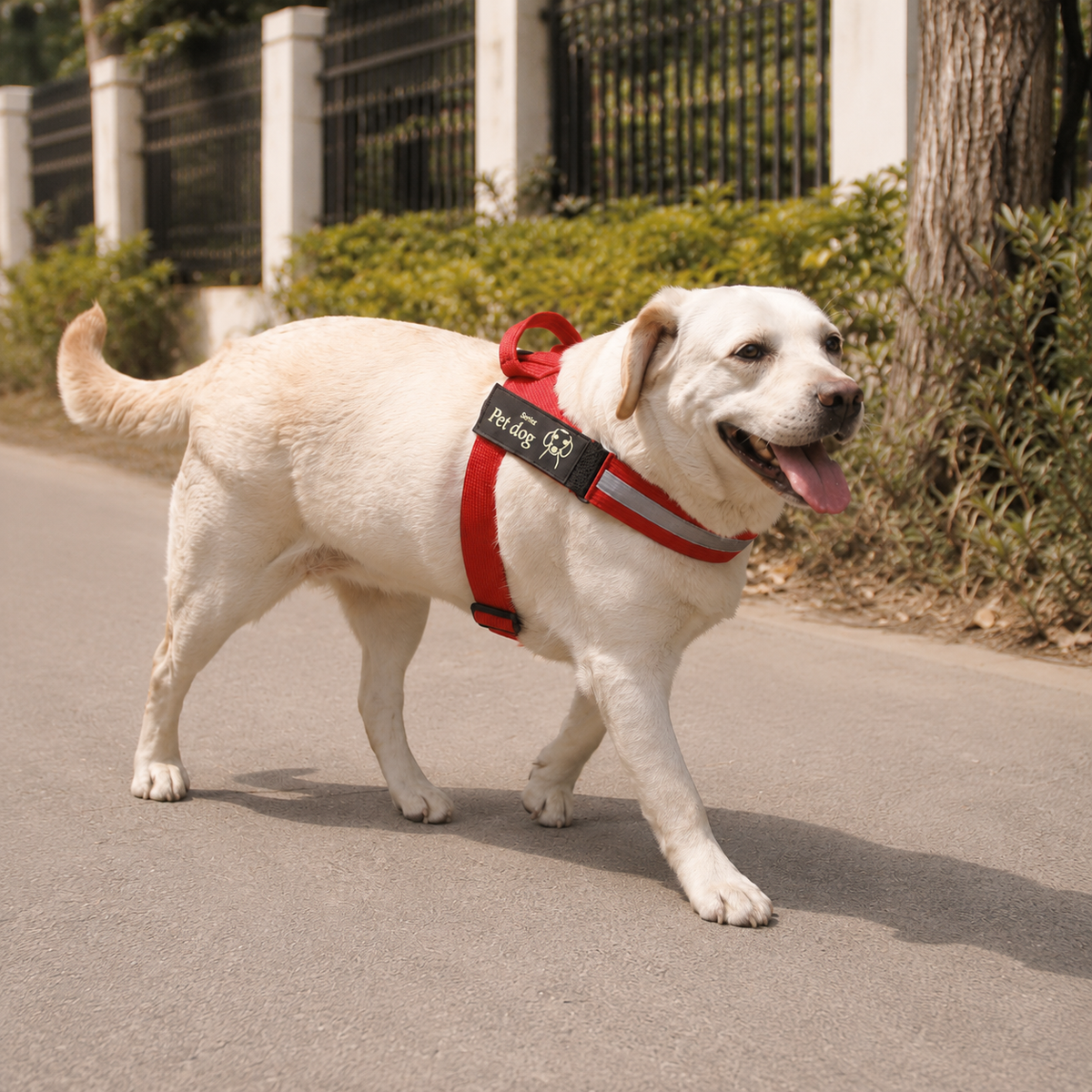 Dog wearing the SteadySupport reflective senior dog harness for everyday walking