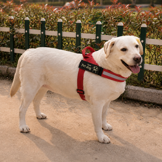 Dog wearing the red SteadySupport reflective senior dog harness