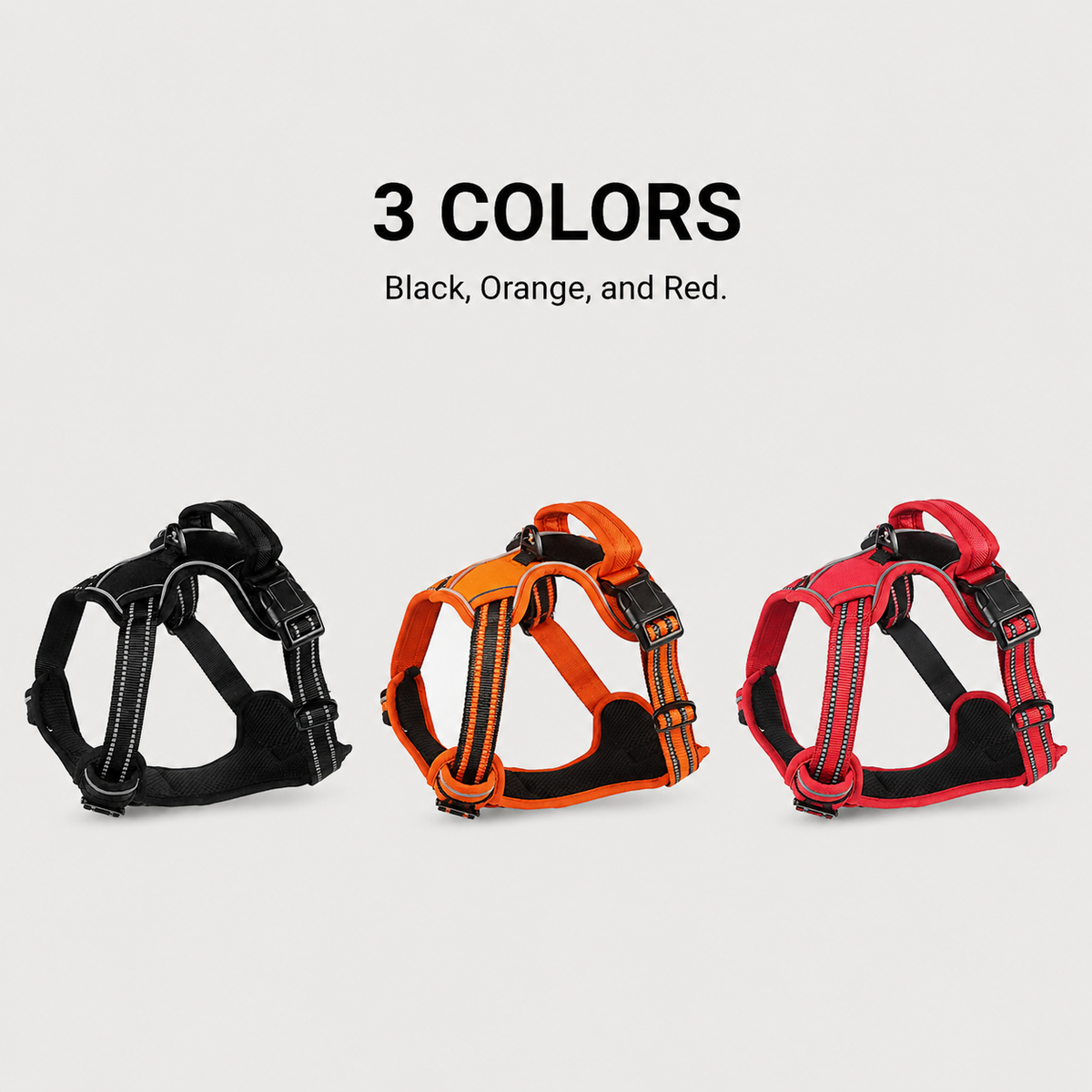 SteadyWalk reflective no-pull dog harness color options in black, orange, and red