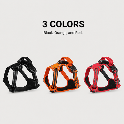 SteadyWalk reflective no-pull dog harness color options in black, orange, and red