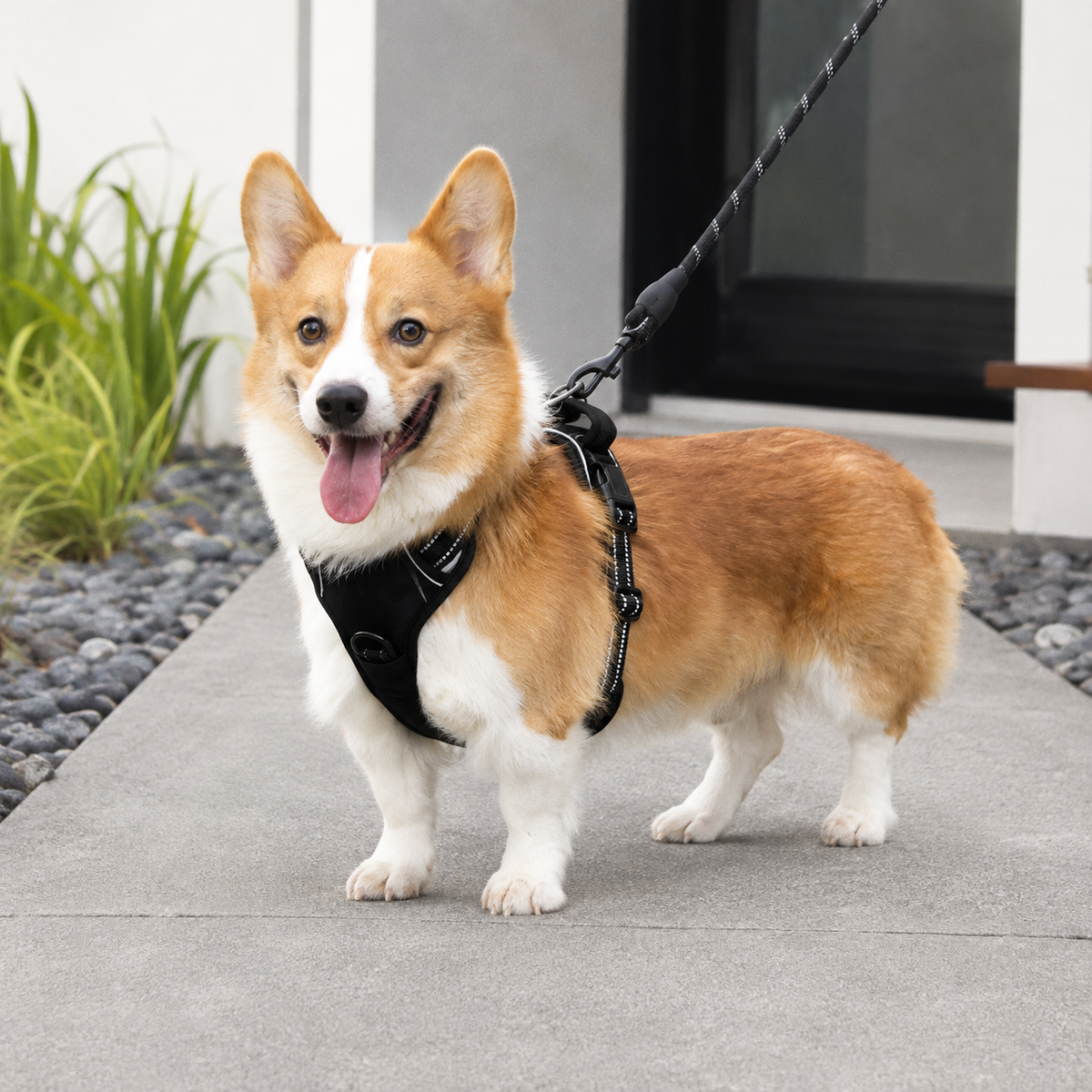 SteadyWalk reflective dog harness shown in a natural walking lifestyle setting