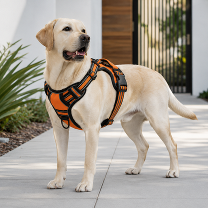 Dog wearing the SteadyWalk reflective no-pull harness during an outdoor walk