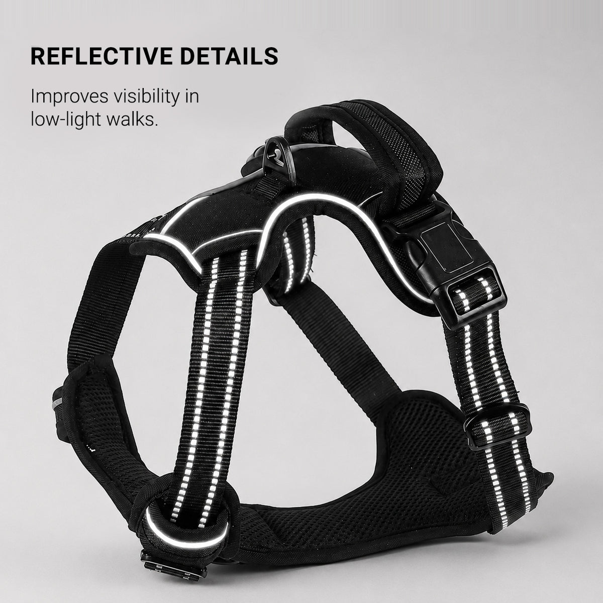Reflective detailing on the SteadyWalk no-pull dog harness for improved low-light visibility
