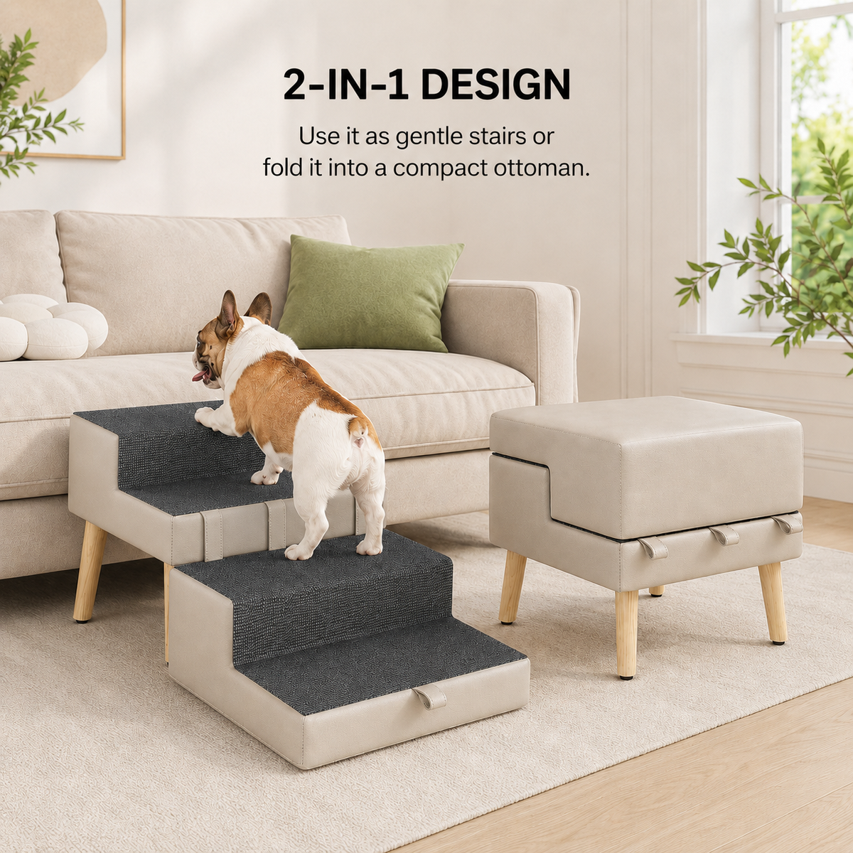 StepNest dog stairs shown folding into a compact ottoman for space-saving home use