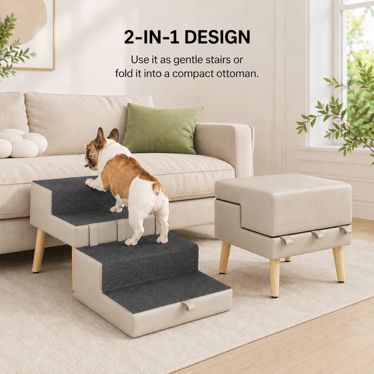 StepNest dog stairs shown folding into a compact ottoman for space-saving home use