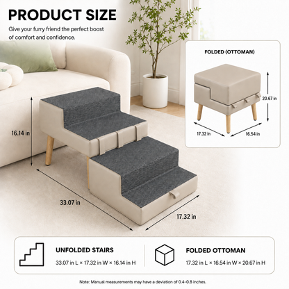 StepNest dog stairs and ottoman size guide with unfolded and folded dimensions