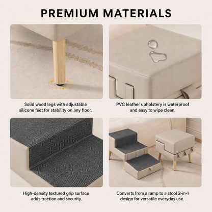StepNest dog stairs material detail showing light gray PVC upholstery and sturdy wood frame