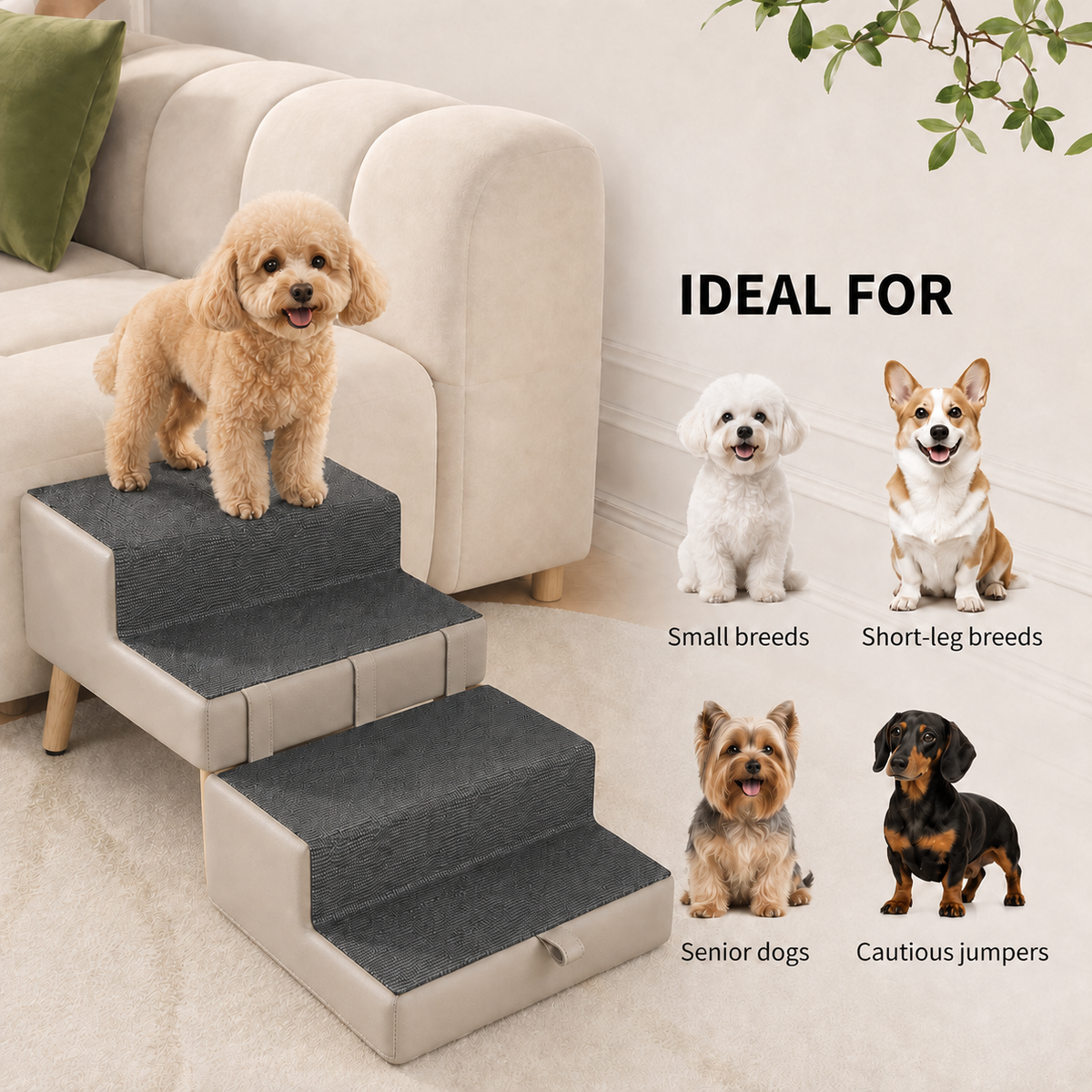 Small senior dog using StepNest stairs for easier access to elevated furniture
